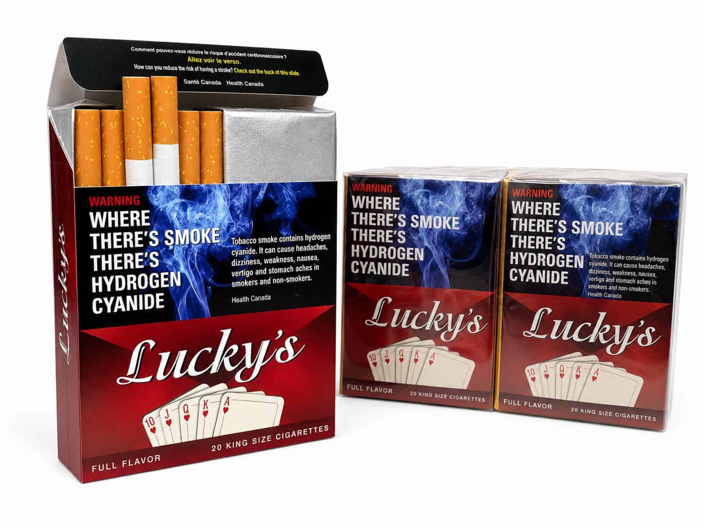 Lucky's Full Flavour king size cigarettes, open pack and carton