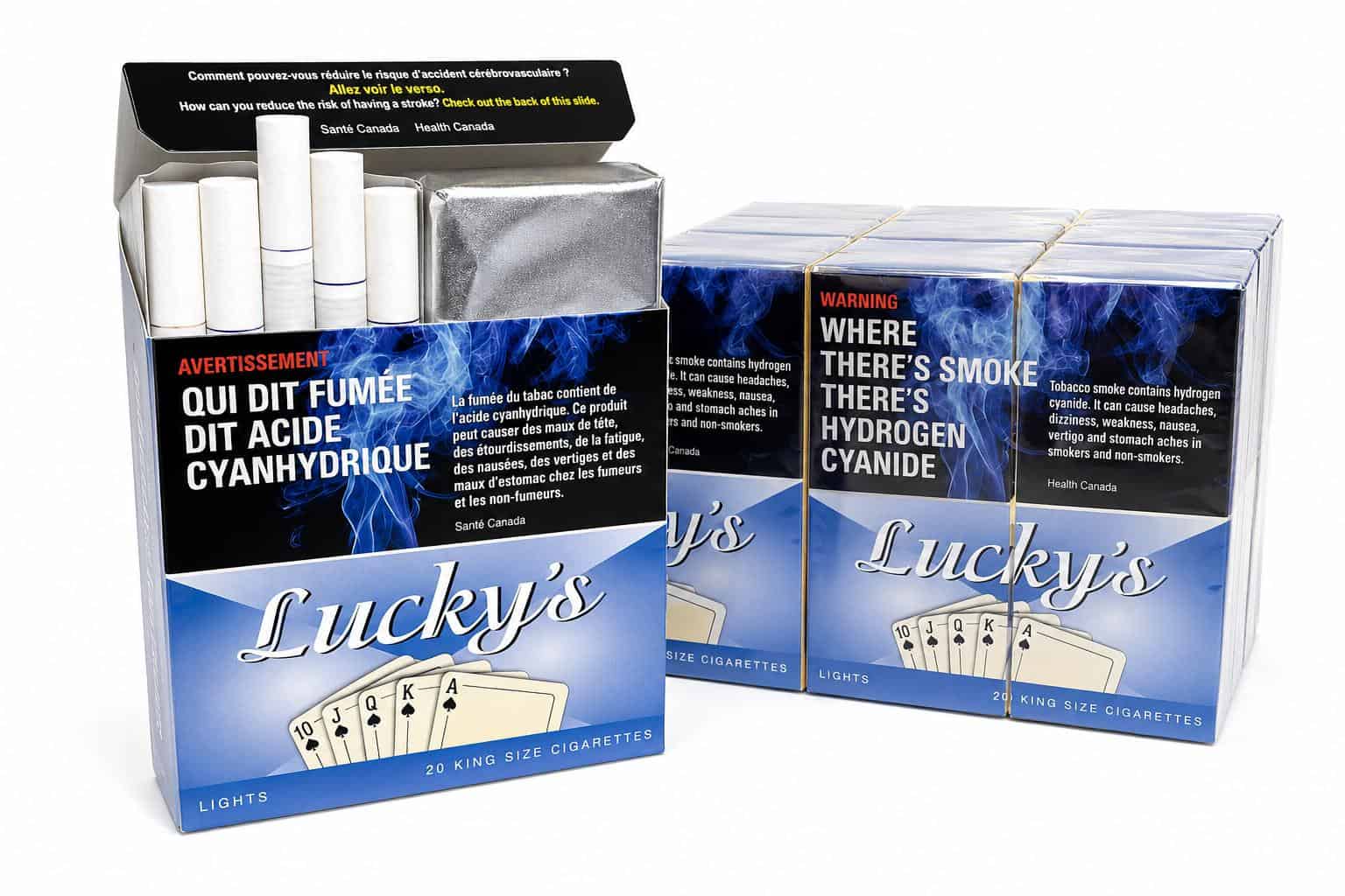 Lucky's Light king size cigarettes, open pack and carton